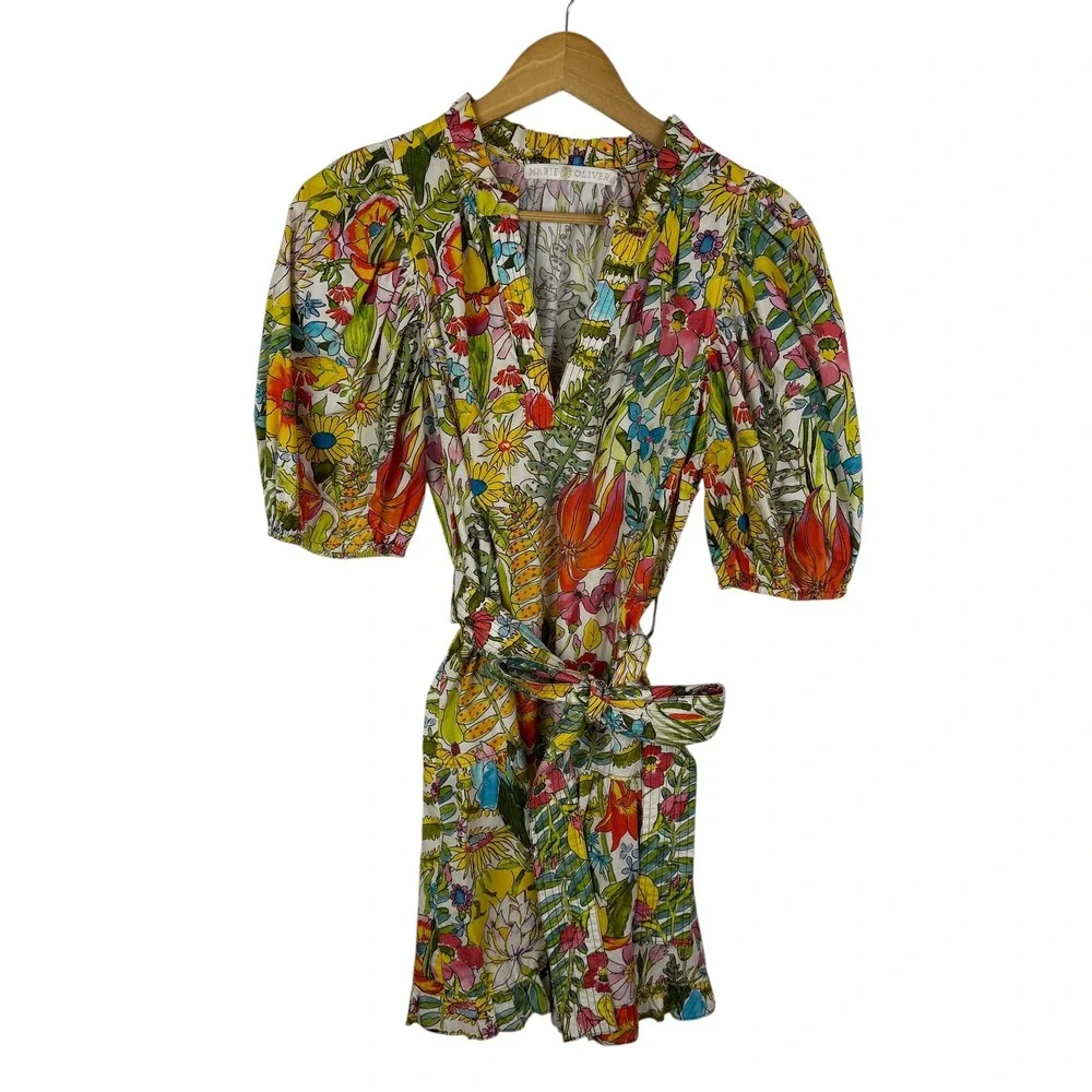 Marie Oliver Clara Floral Palm‎ Mini Dress Sz XS Multi Puff Sleeve Tiered Resort - Picture 2 of 12